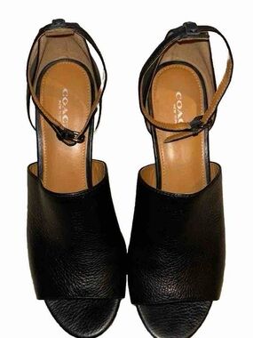 Coach ~ Jade Tumbled Black Leather Wood Wedge Sandals New Ankle Strap Sz 8.5